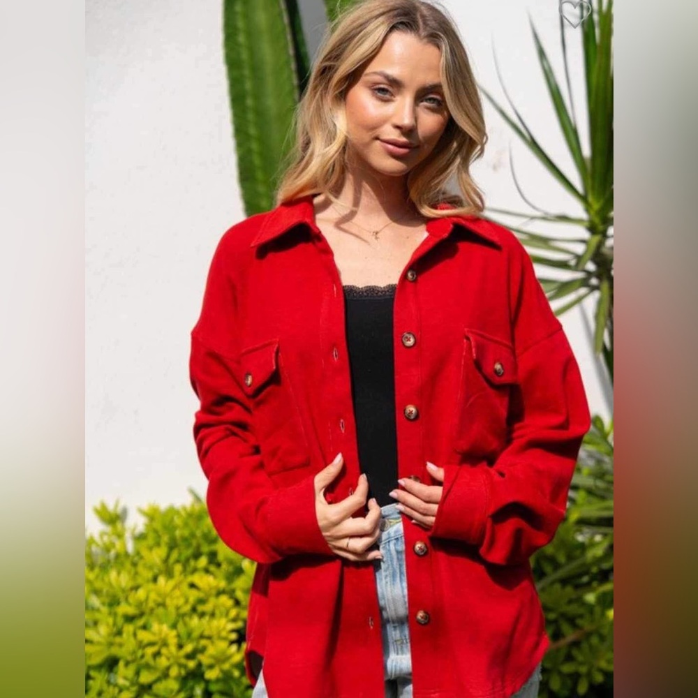 White Birch Red Button-Up Shacket